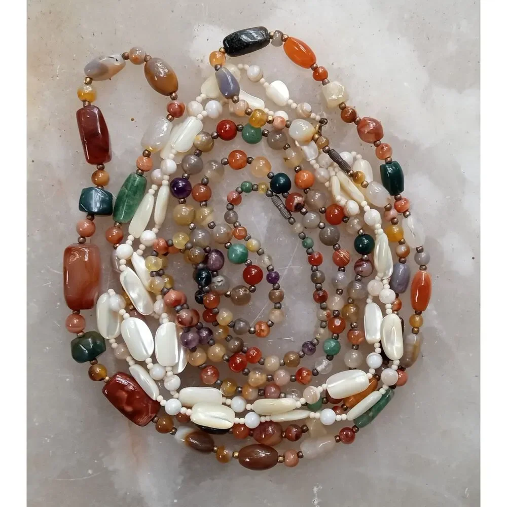 Beggar's Beads, Agates, Gemstones and Shiny Shell Extra Long Necklaces